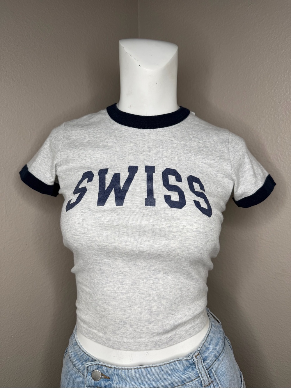 Brandy Melville Gray 'SWISS' Ringer Tee with Navy Trim